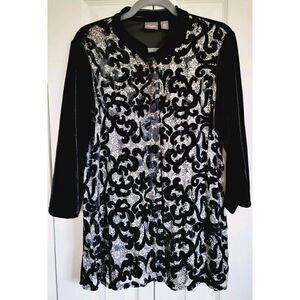 Chico's Travelers 1 Black Velour & Lace Burnout Shirt Front Button‎ Silk Blend